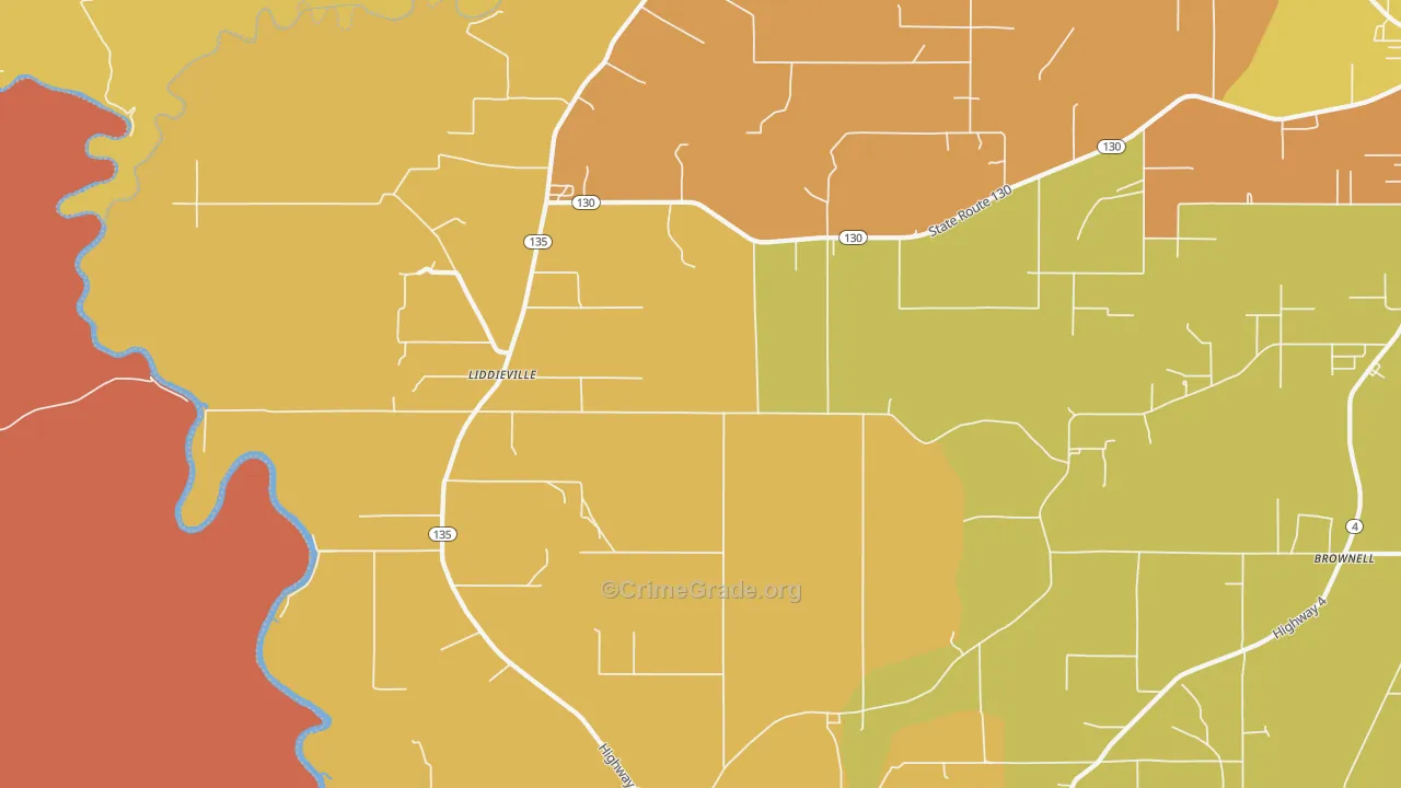 Liddieville, LA Map of Burglary Rates
