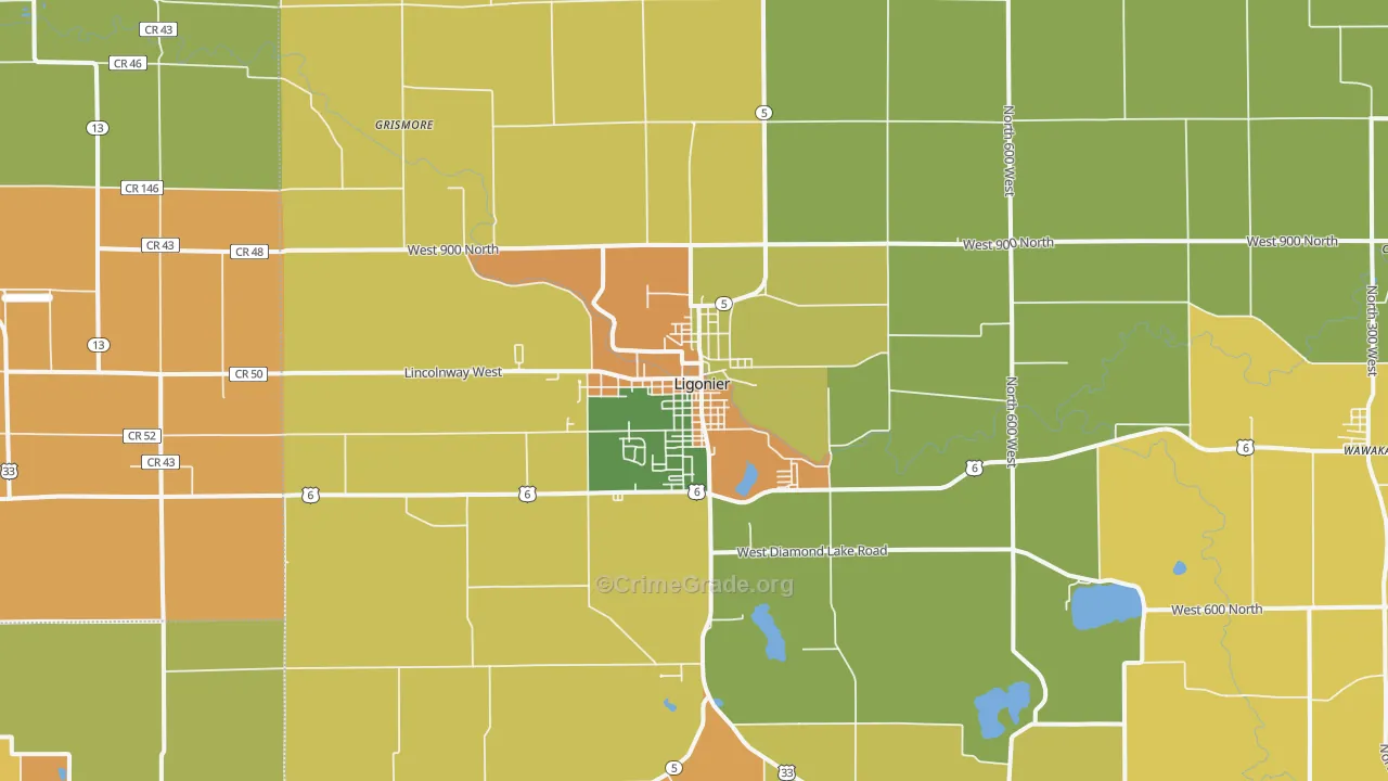 Ligonier, IN Map of Burglary Rates