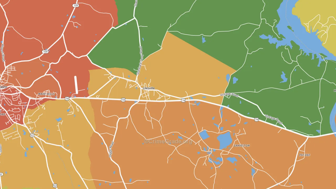 Lilesville, NC Map of Burglary Rates