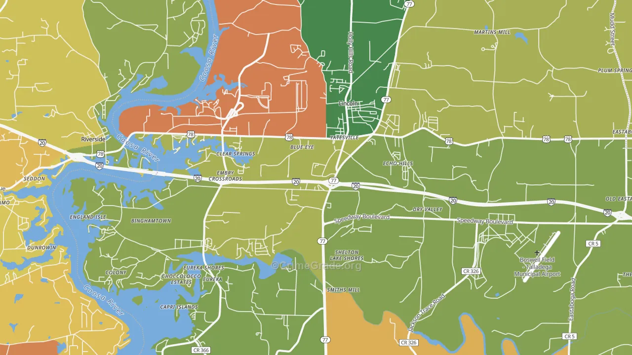 Lincoln, AL Map of Burglary Rates