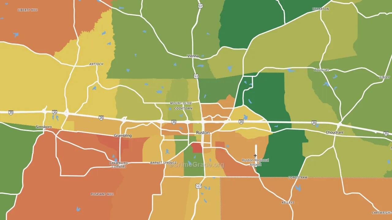 Lincoln Parish, LA Map of Burglary Rates