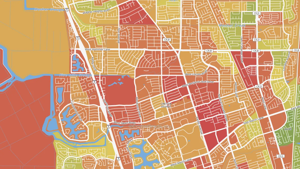 Lincoln Village Proper, Stockton, CA Map of Burglary Rates
