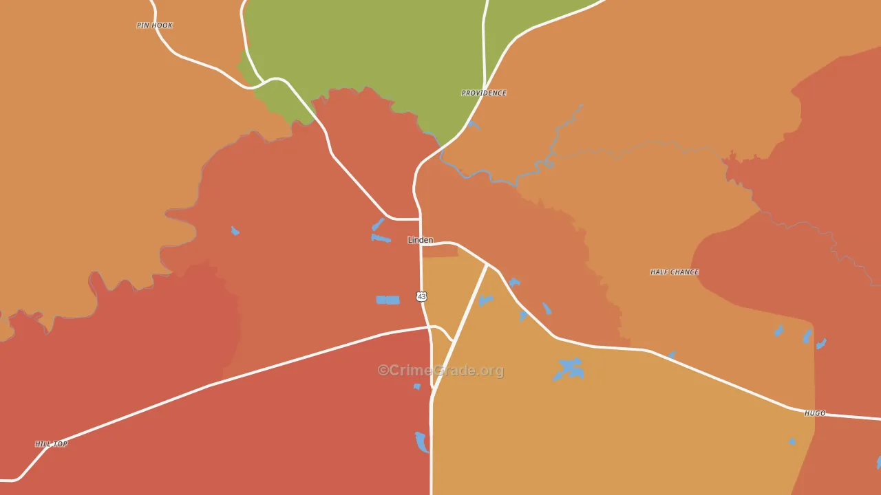 Linden, AL Map of Burglary Rates