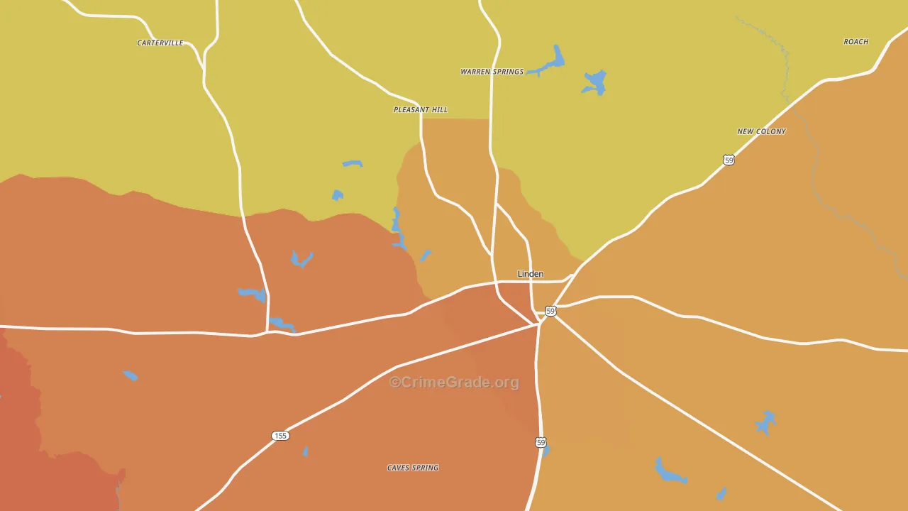 Linden, TX Map of Burglary Rates