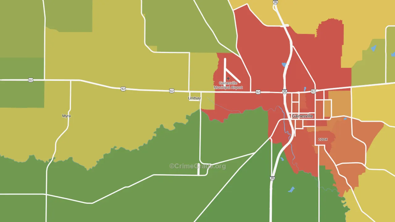 Lindsay, TX Map of Burglary Rates