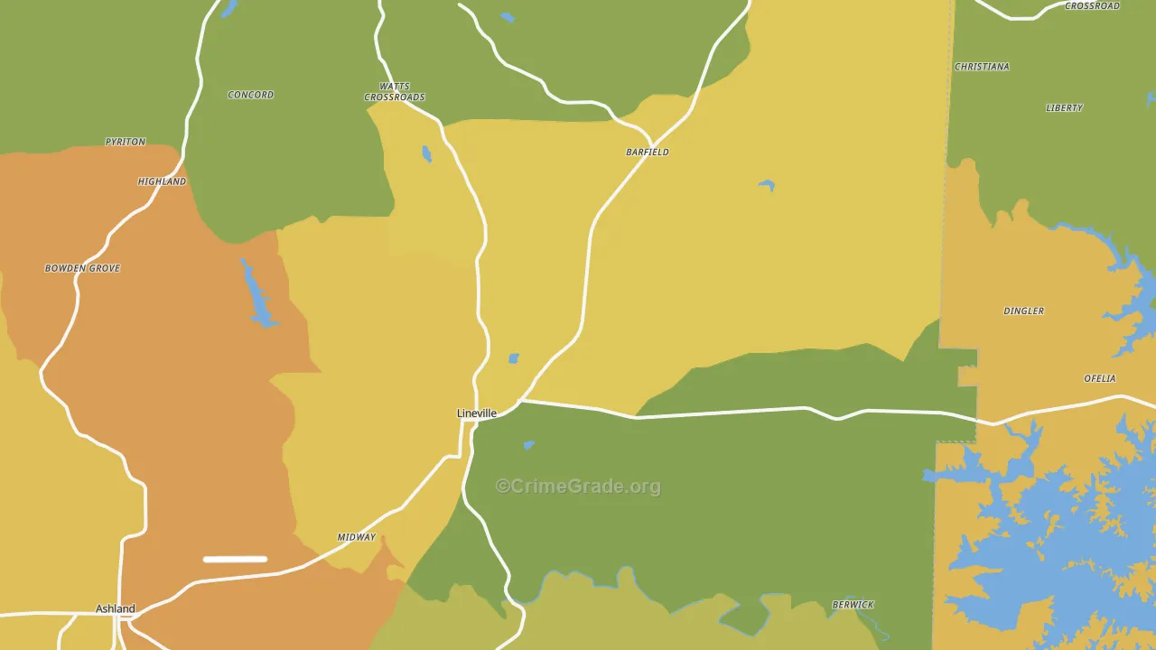 Lineville, AL Map of Burglary Rates