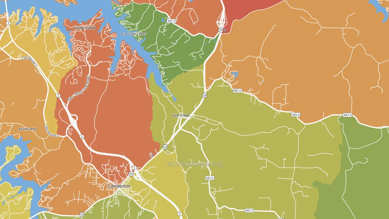 Linn Creek, MO Map of Burglary Rates