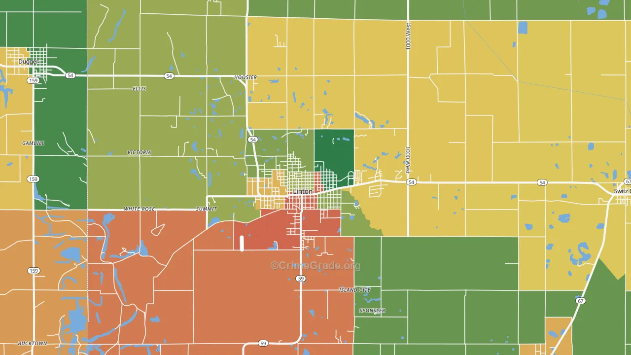Linton, IN Map of Burglary Rates