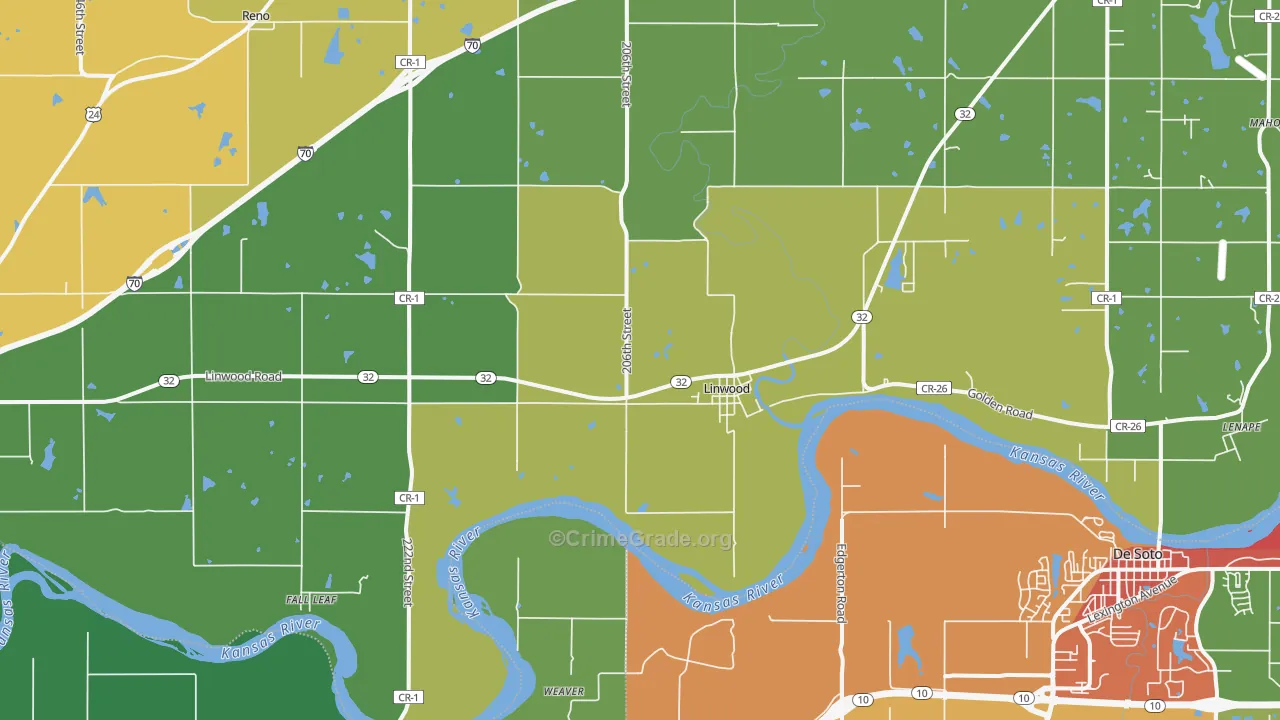 Linwood, KS Map of Burglary Rates