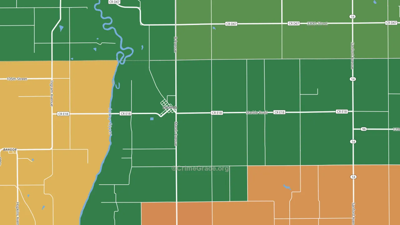 Liscomb, IA Map of Burglary Rates