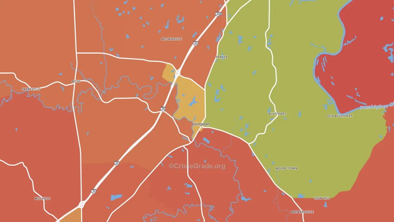 Livingston, AL Map of Burglary Rates