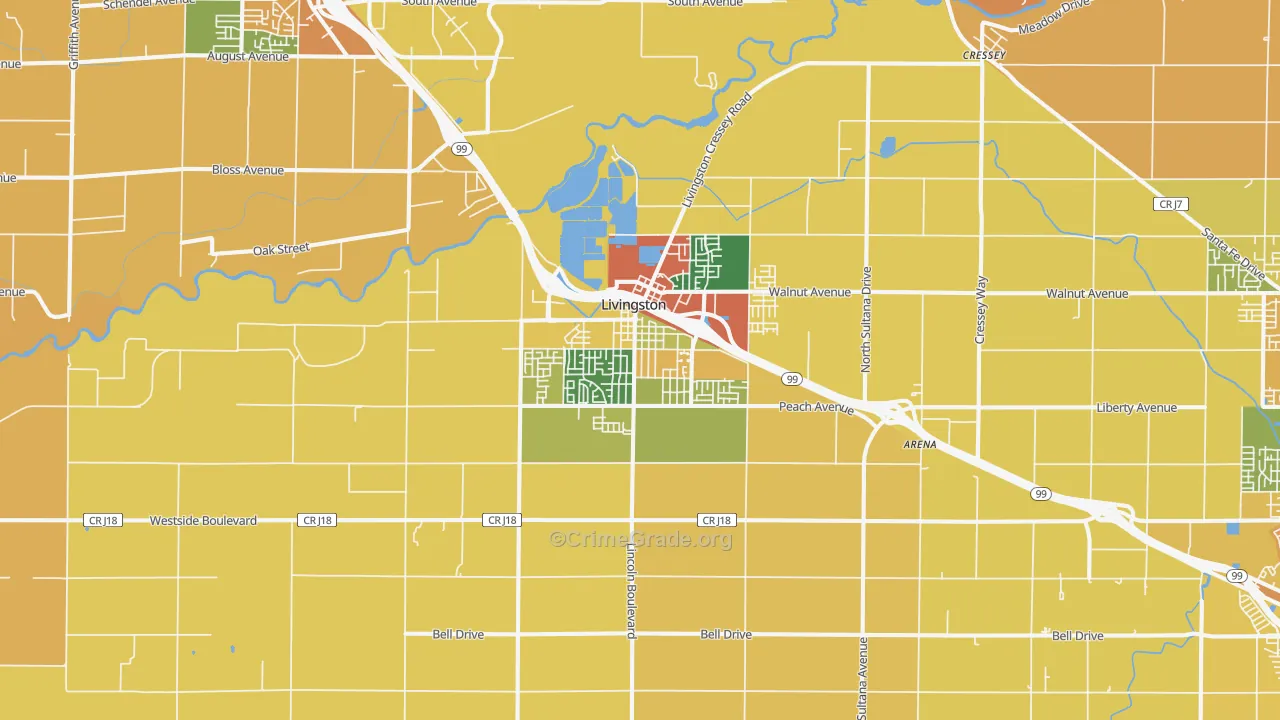 Livingston, CA Map of Burglary Rates