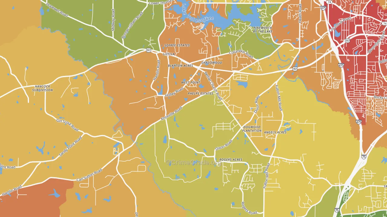 Lizella, GA Map of Burglary Rates
