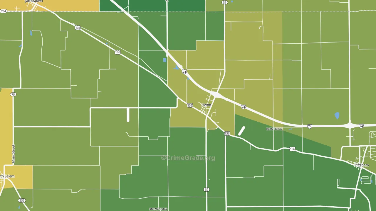 Lizton, IN Map of Burglary Rates