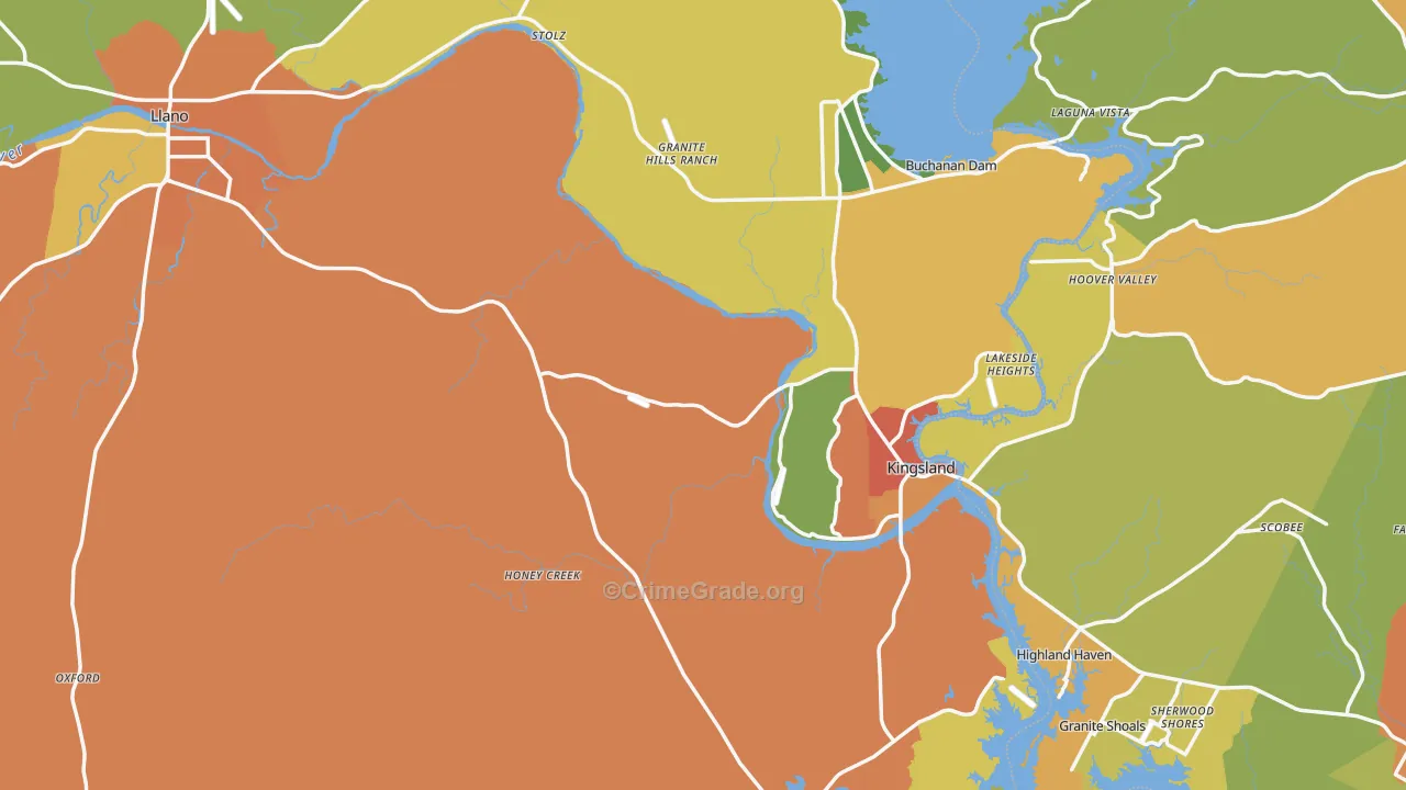 Llano County, TX Map of Burglary Rates