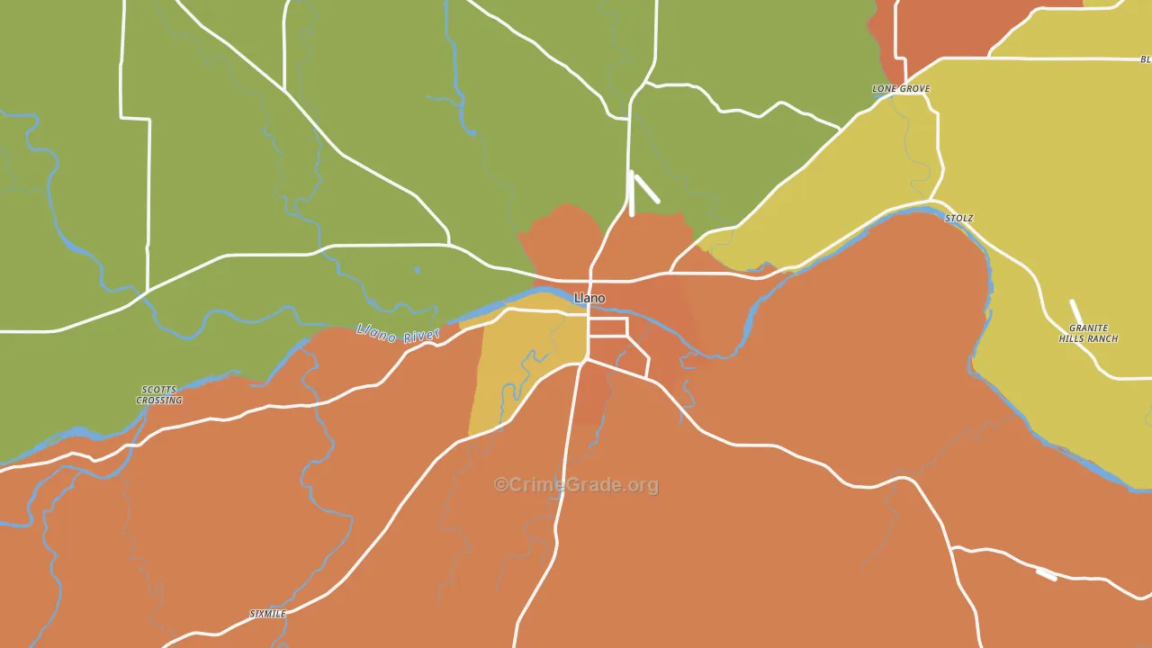 Llano, TX Map of Burglary Rates