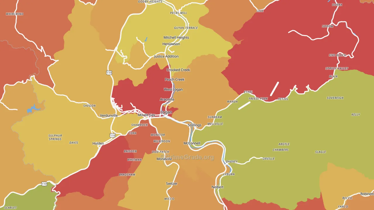 Logan County, WV Map of Burglary Rates