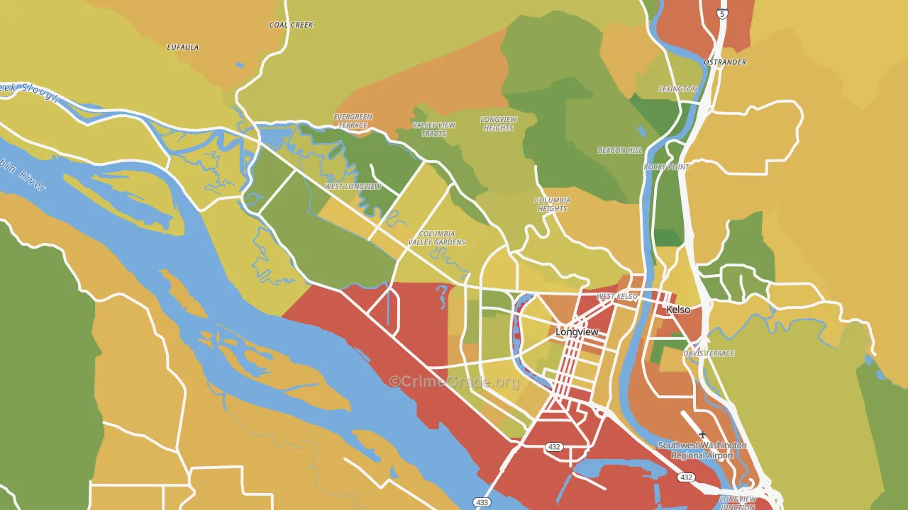 Longview, WA Map of Burglary Rates