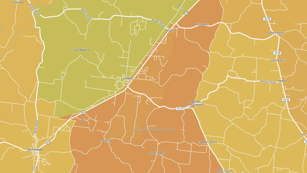 Loretto, TN Map of Burglary Rates