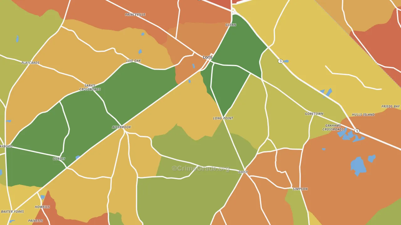 Loris, SC Map of Burglary Rates