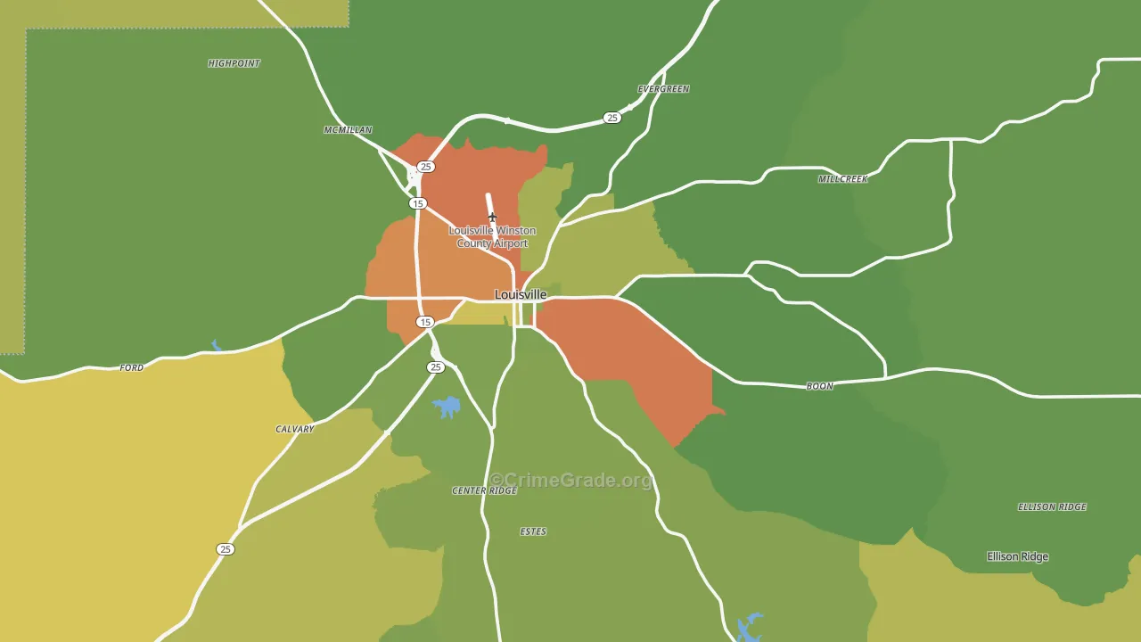 Louisville, MS Map of Burglary Rates