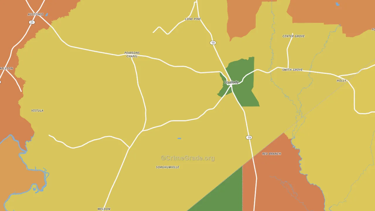 Lovelady, TX Map of Burglary Rates