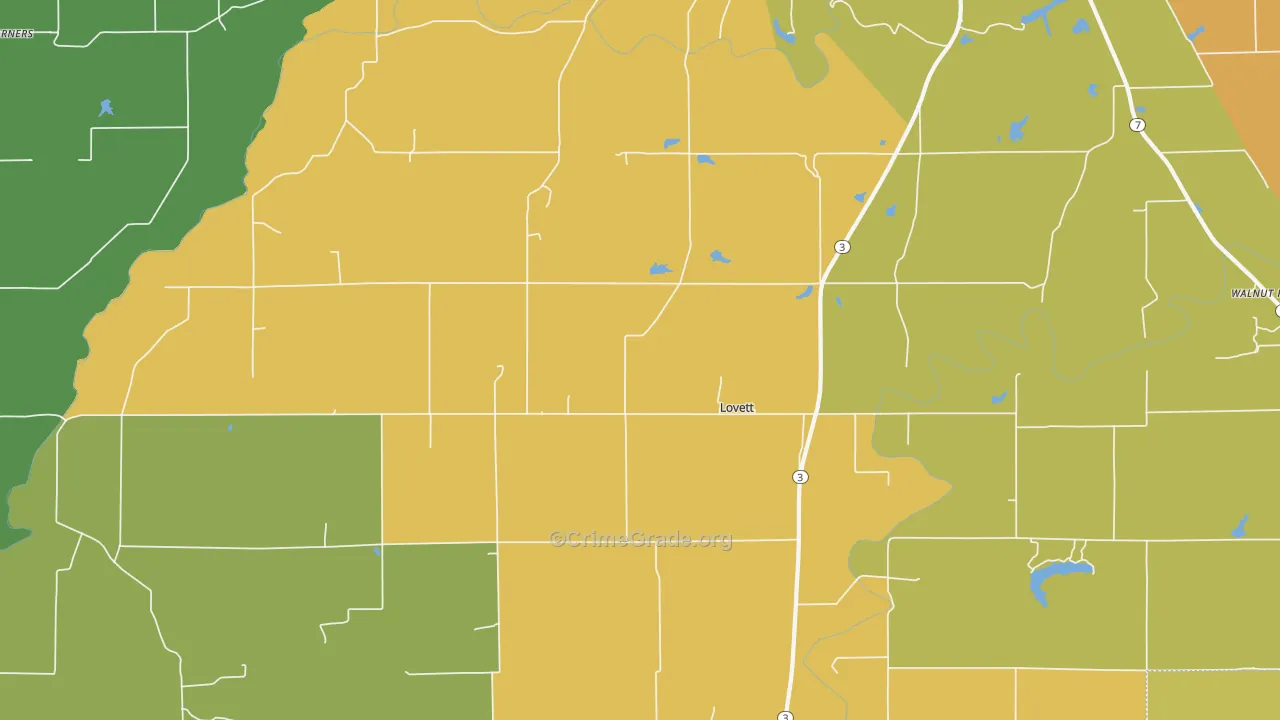 Lovett, IN Map of Burglary Rates