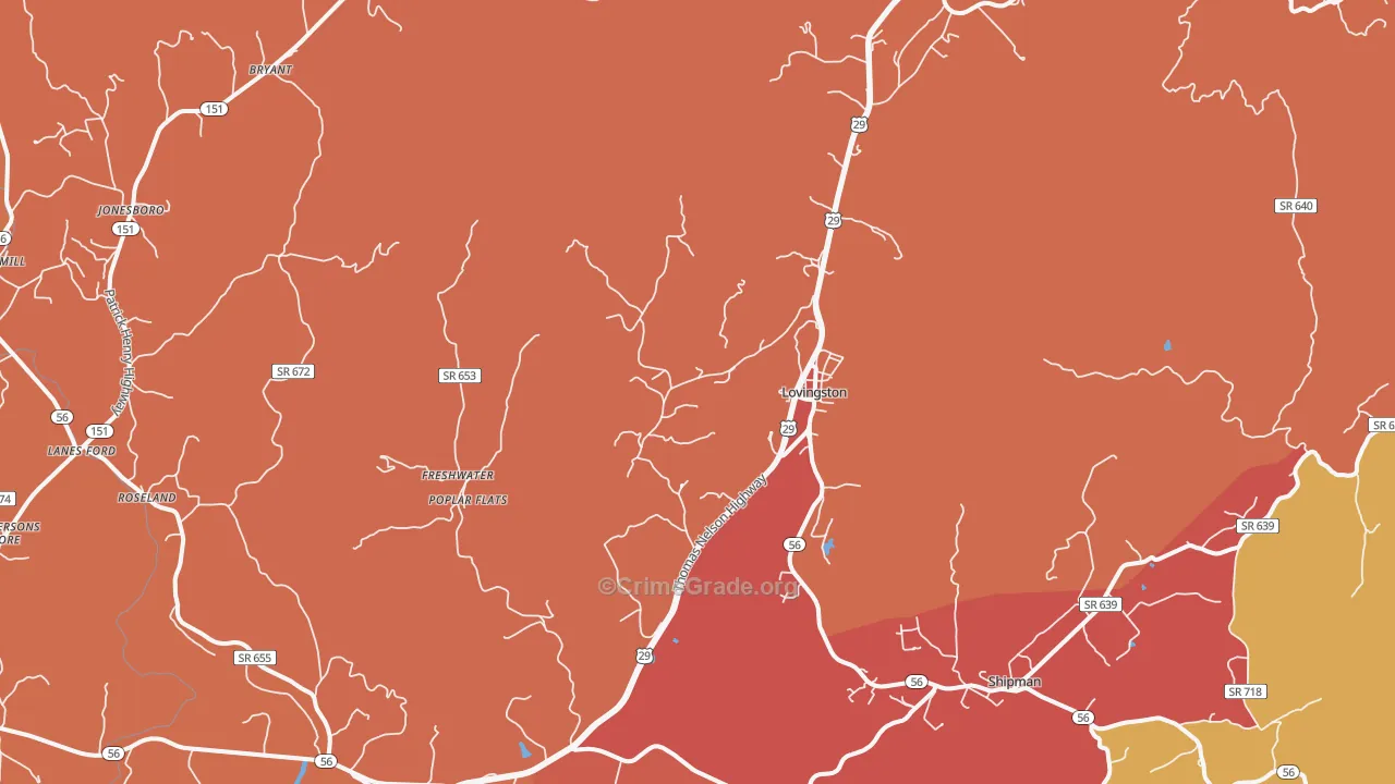 Lovingston, VA Map of Burglary Rates