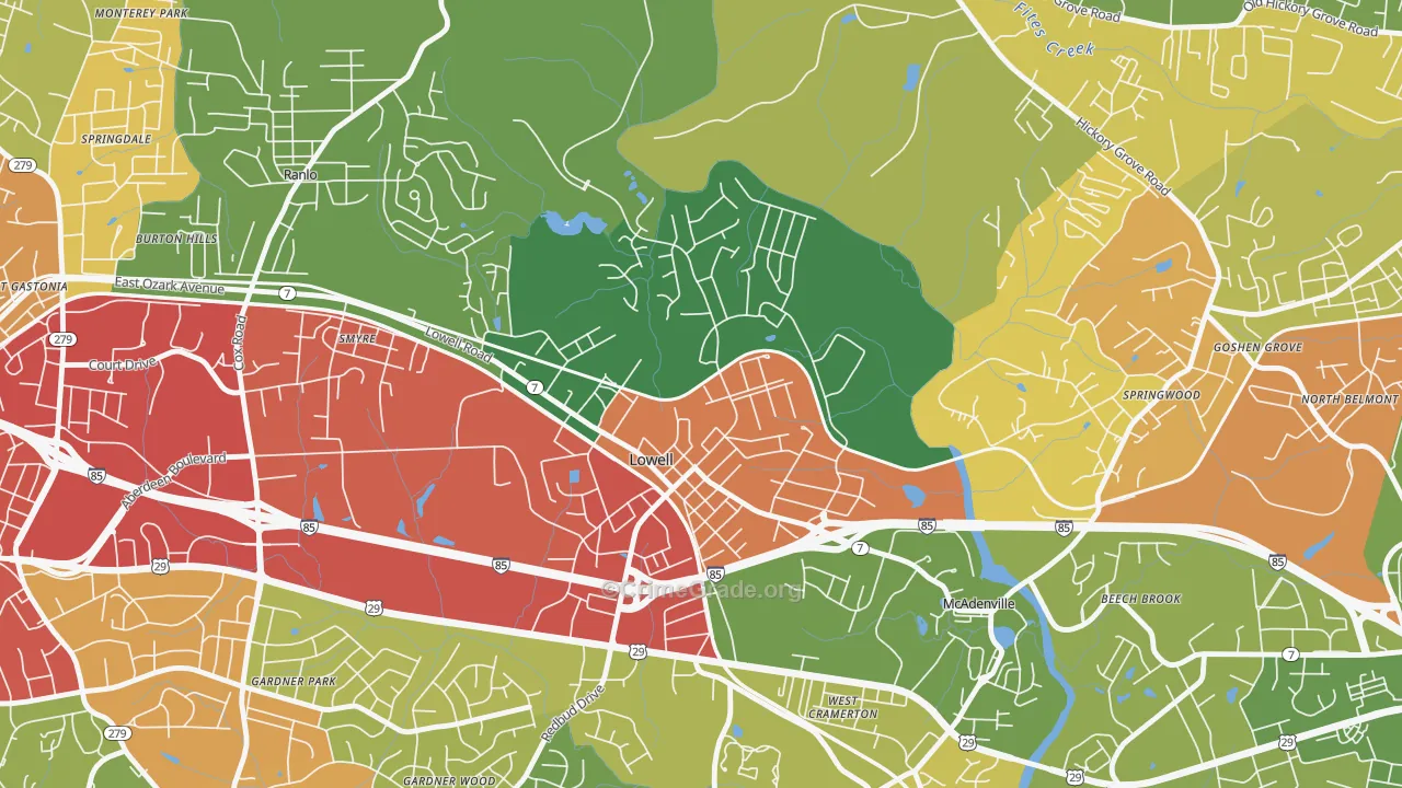 Lowell, NC Map of Burglary Rates