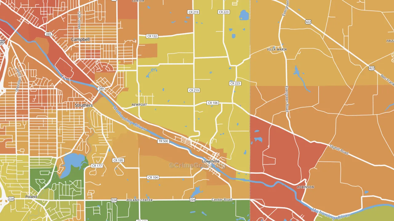 Lowellville, OH Map of Burglary Rates