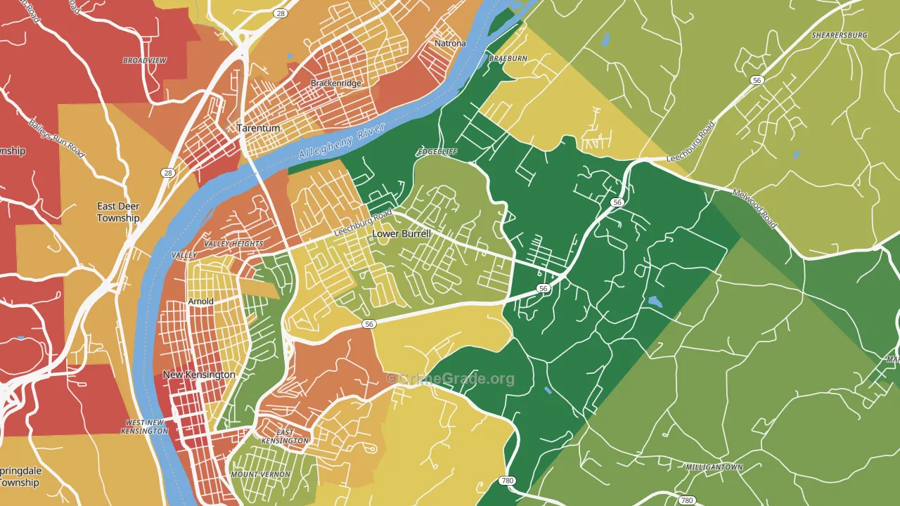 Lower Burrell, PA Map of Burglary Rates