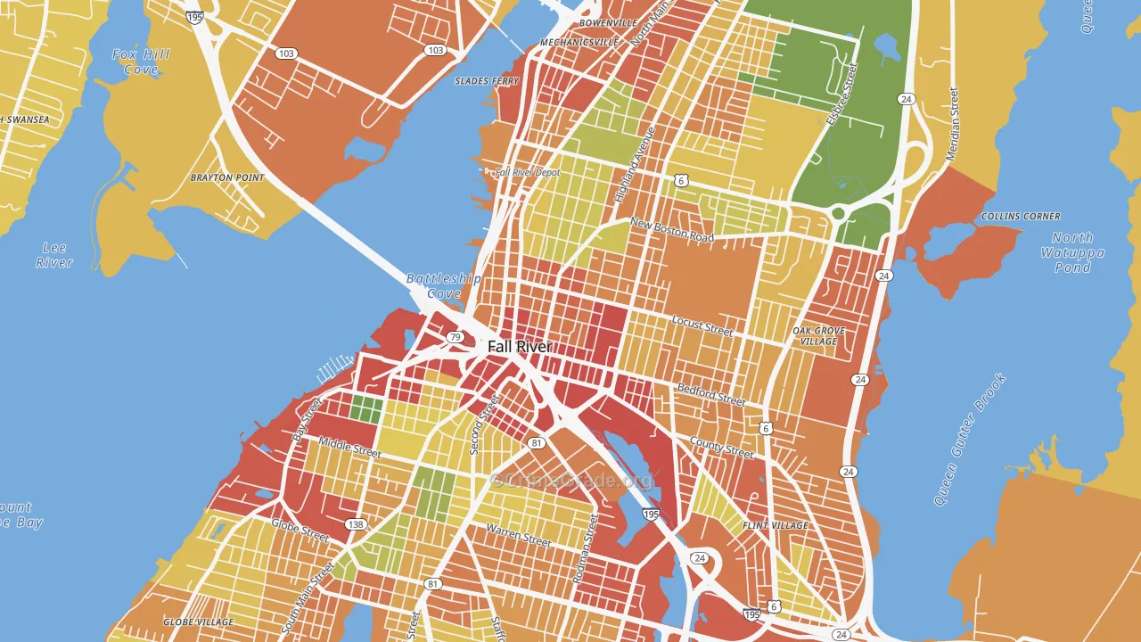 Lower Highlands, Fall River, MA Map of Burglary Rates