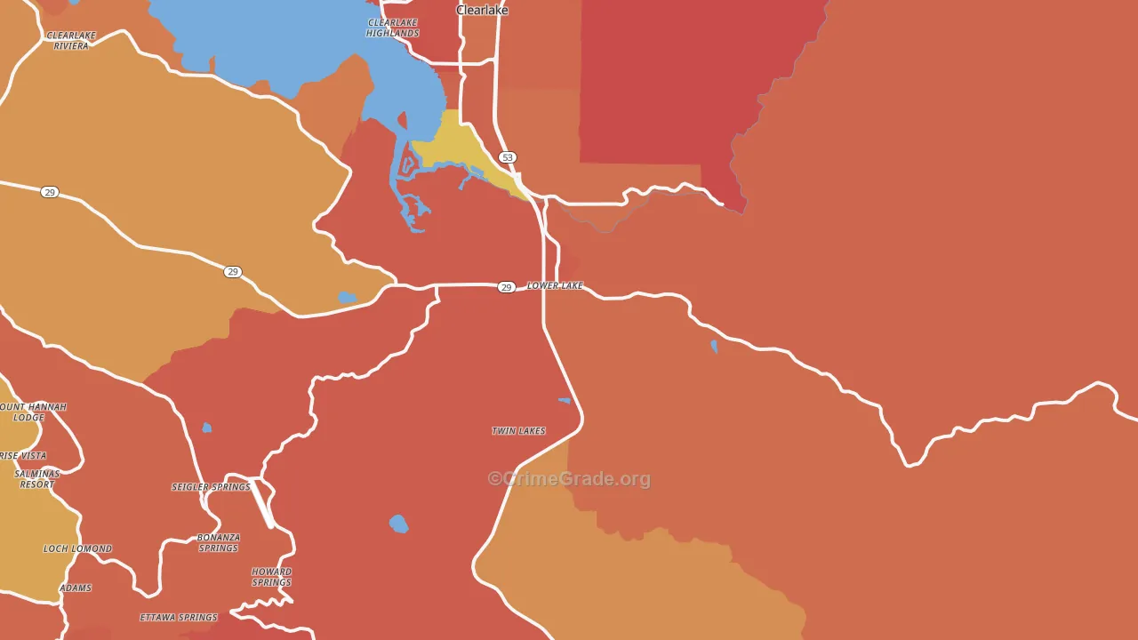Lower Lake, CA Map of Burglary Rates