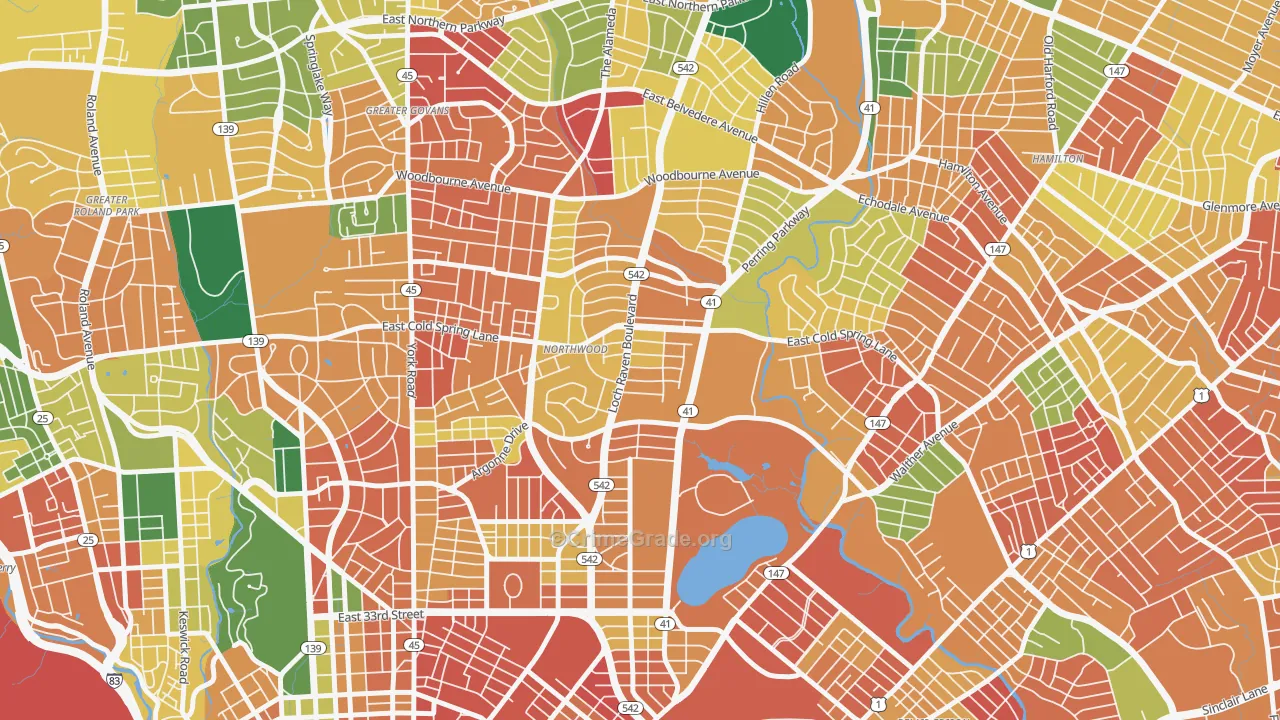 Lower Northwood, Baltimore, MD Map of Burglary Rates