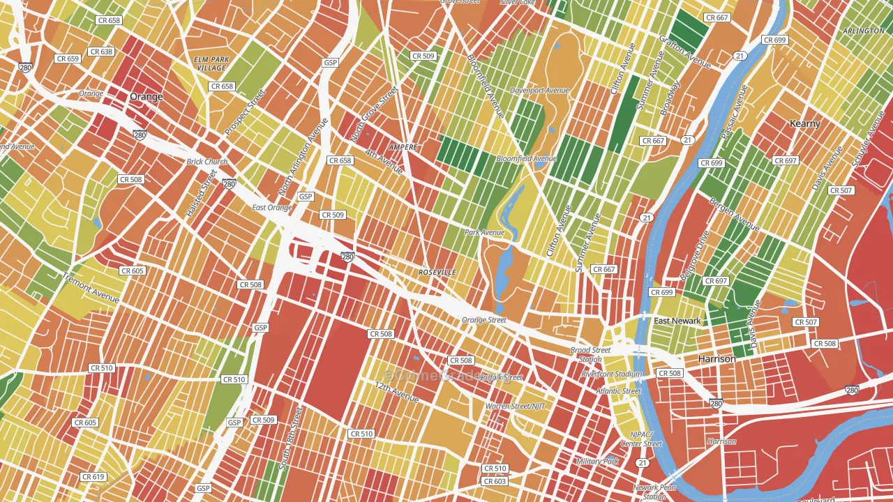 Lower Roseville, Newark, NJ Map of Burglary Rates