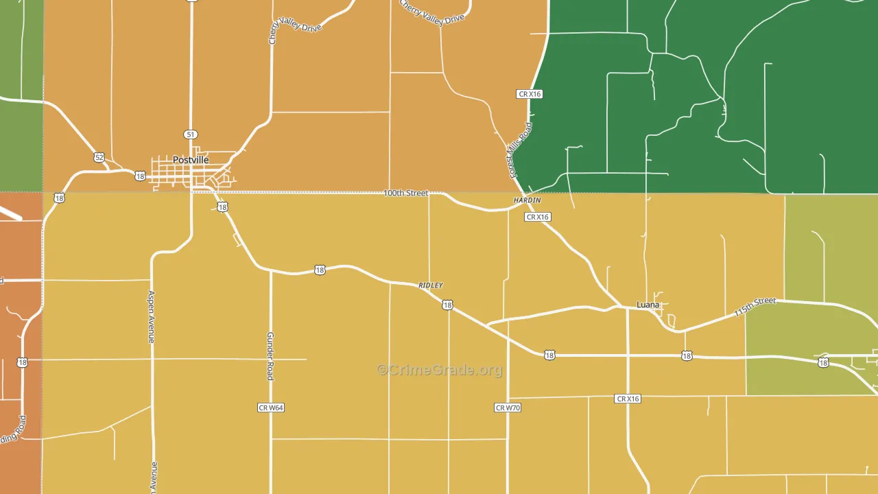 Luana, IA Map of Burglary Rates