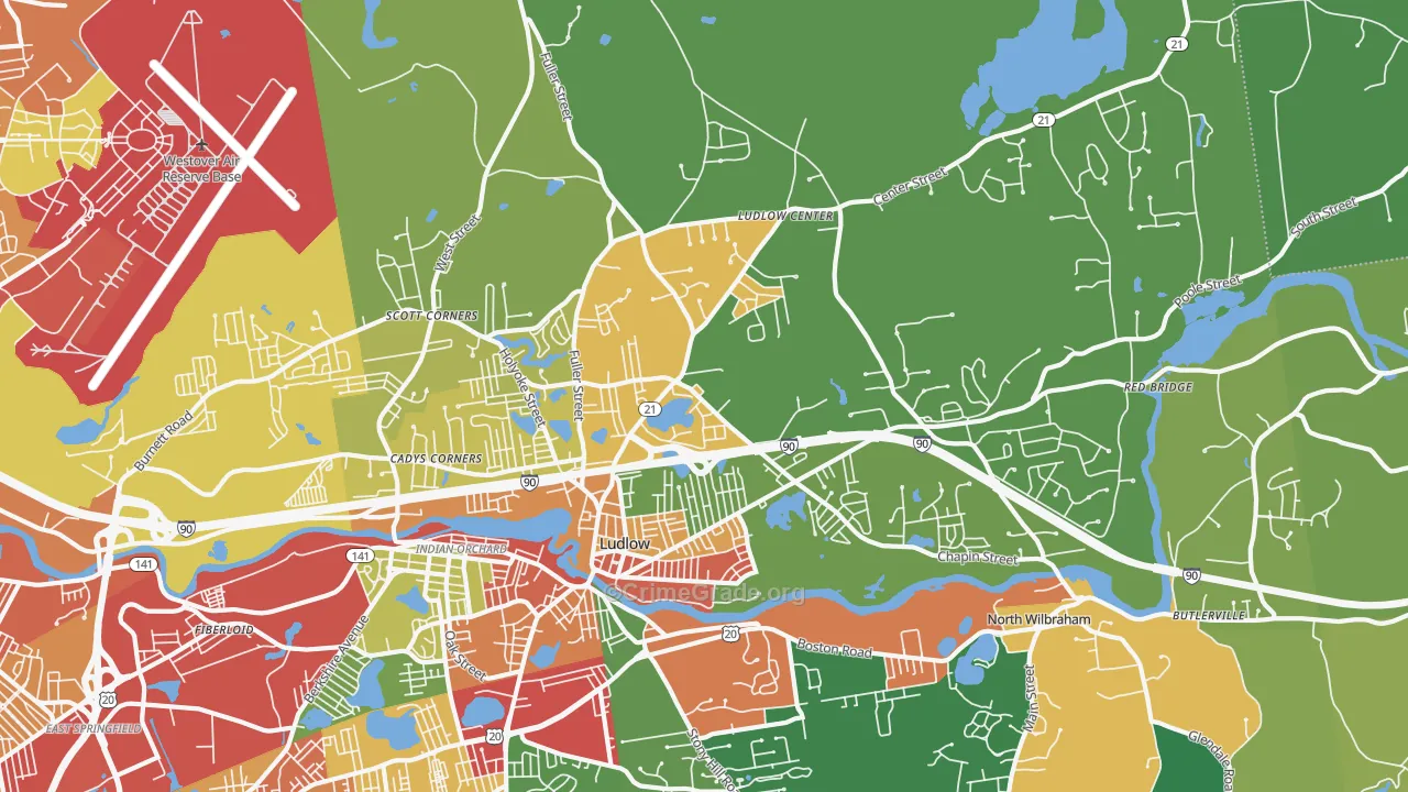 Ludlow, MA Map of Burglary Rates
