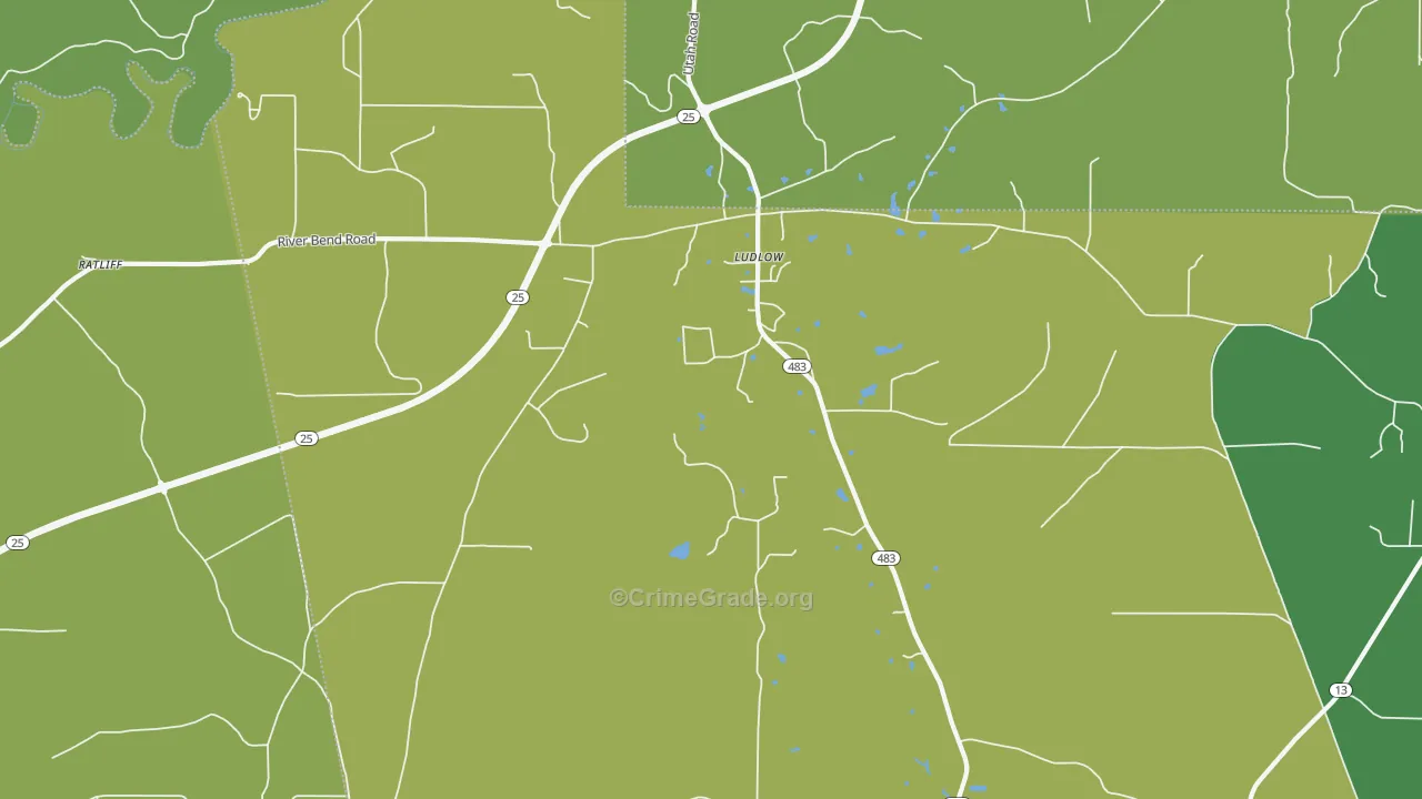 Ludlow, MS Map of Burglary Rates