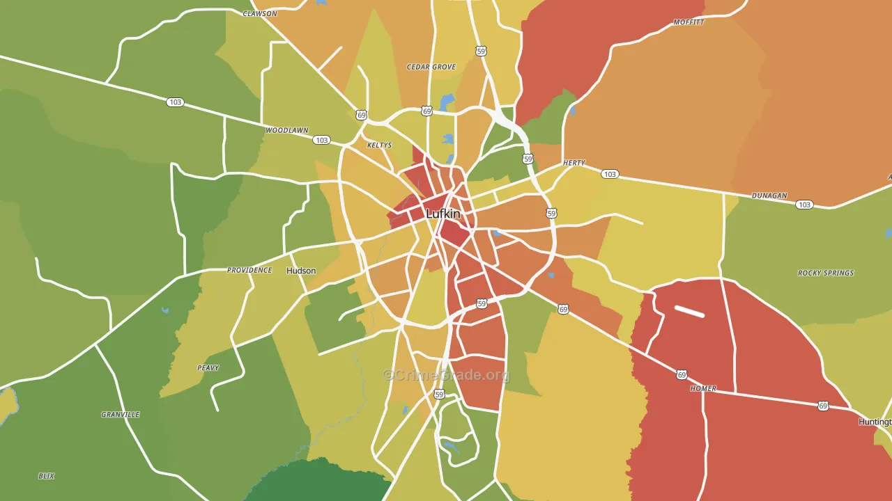 Lufkin, TX Map of Burglary Rates