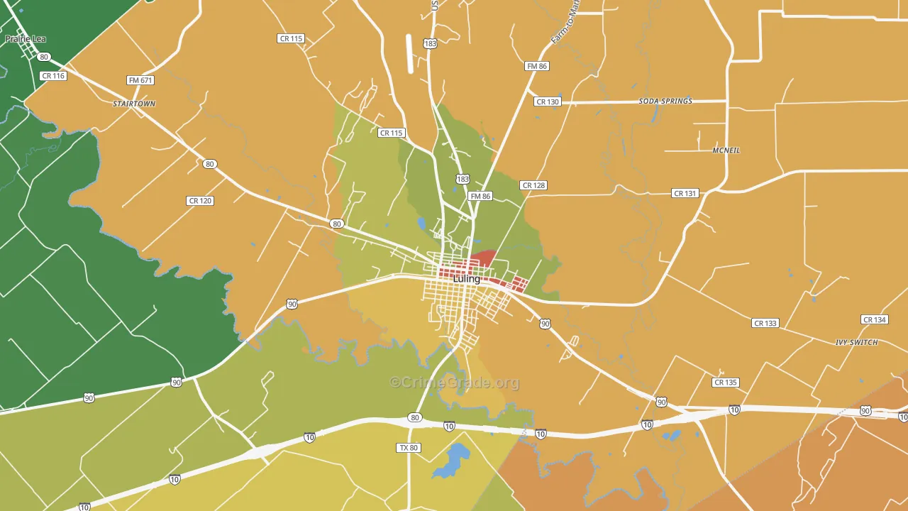 Luling, TX Map of Burglary Rates
