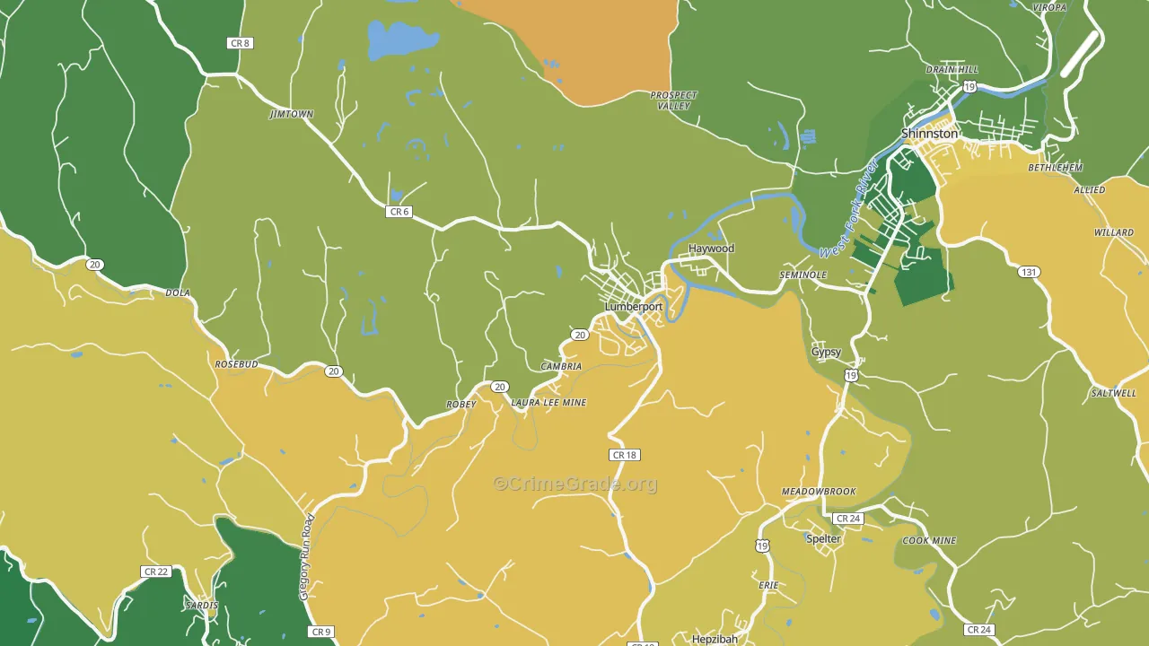 Lumberport, WV Map of Burglary Rates