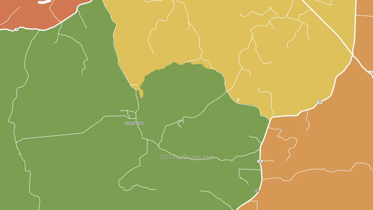Lunenburg, AR Map of Burglary Rates