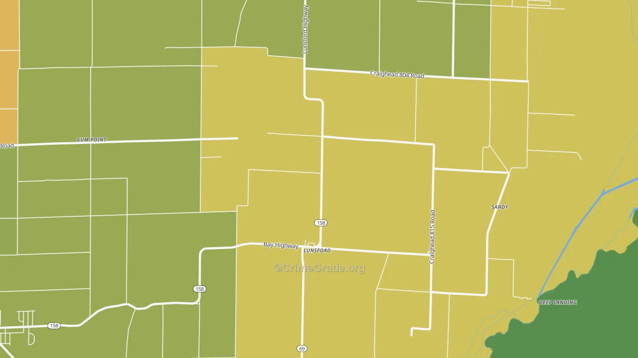 Lunsford, AR Map of Burglary Rates