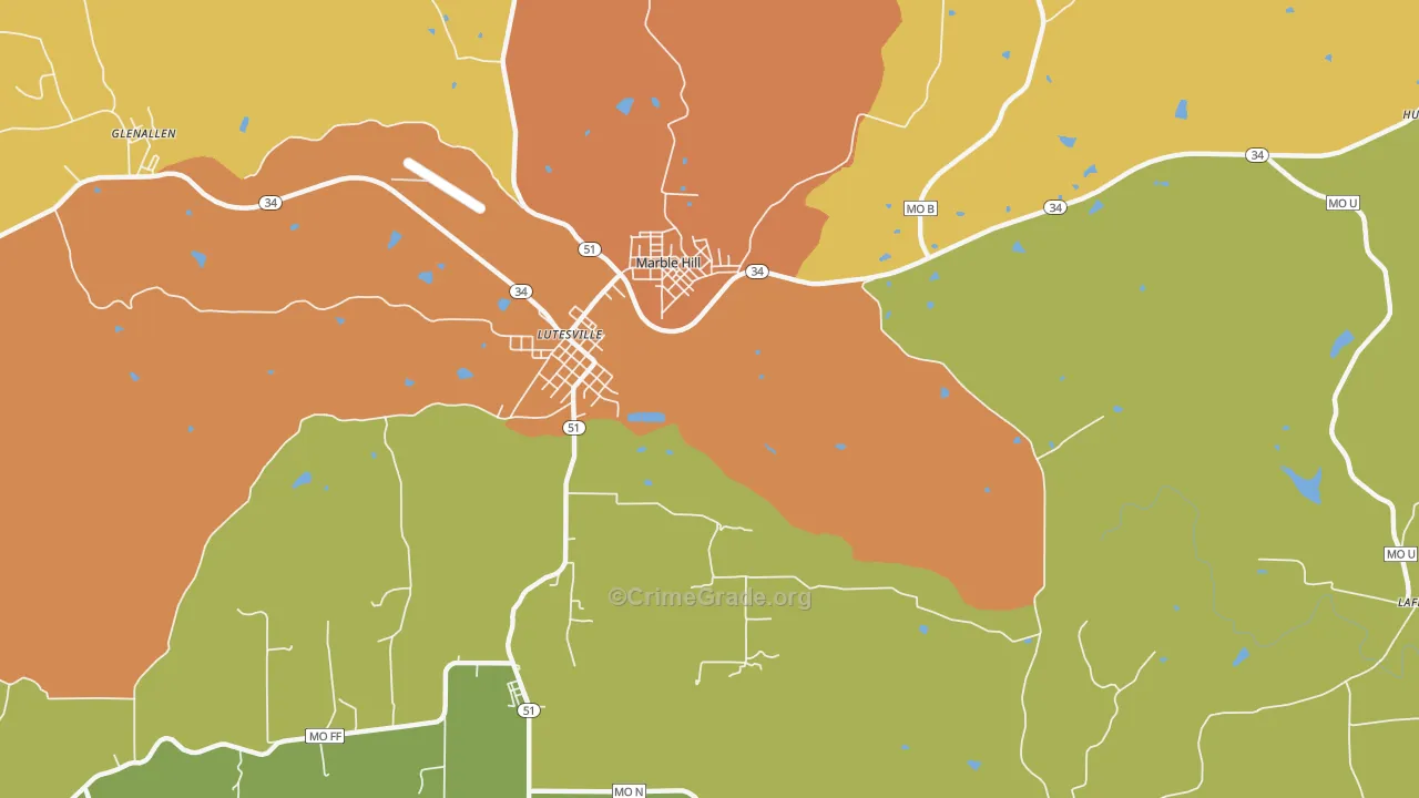 Lutesville, MO Map of Burglary Rates