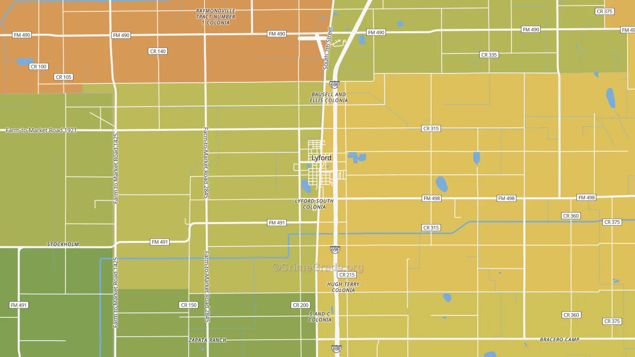 Lyford, TX Map of Burglary Rates