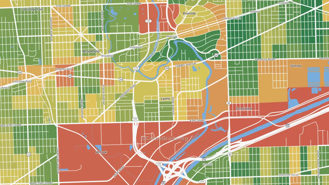 Lyons, IL Map of Burglary Rates