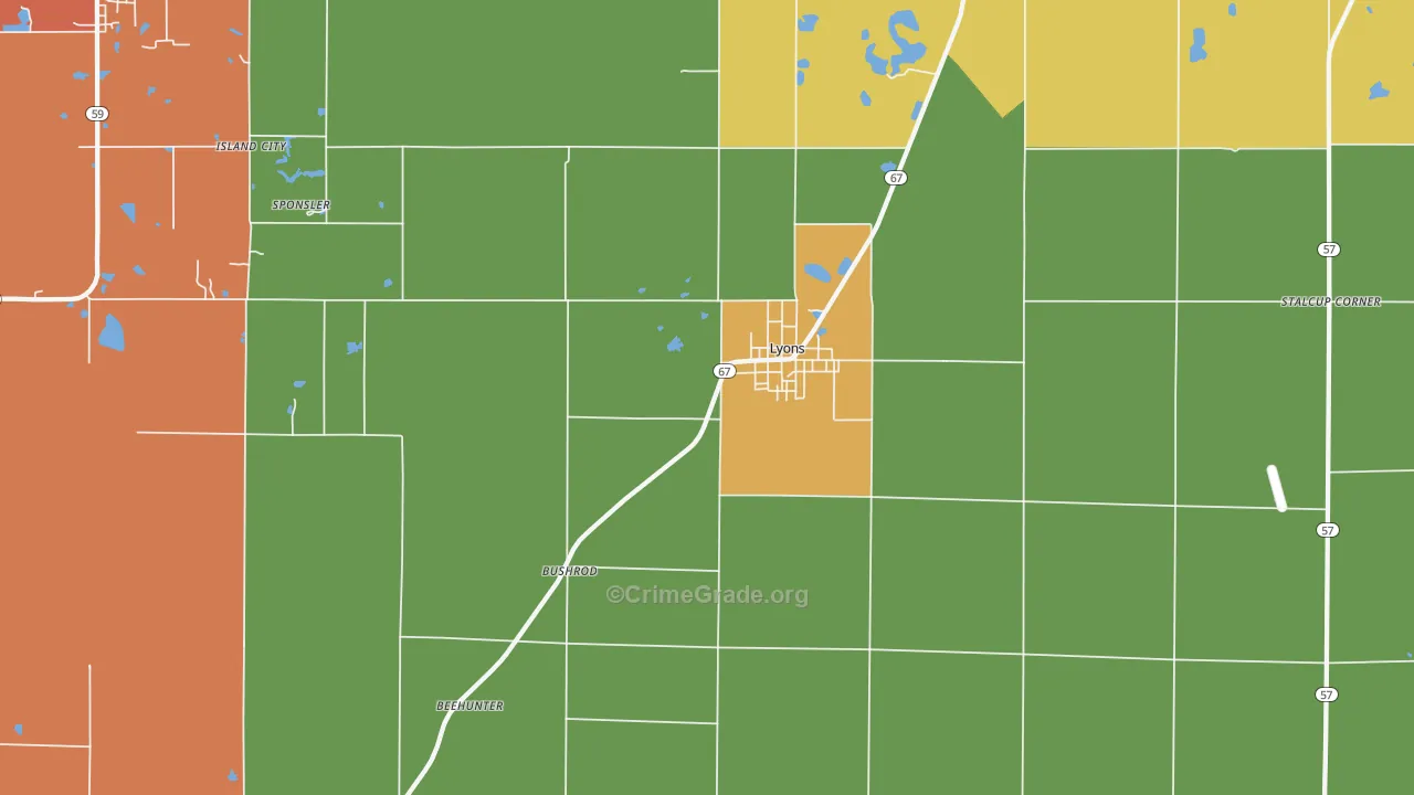 Lyons, IN Map of Burglary Rates