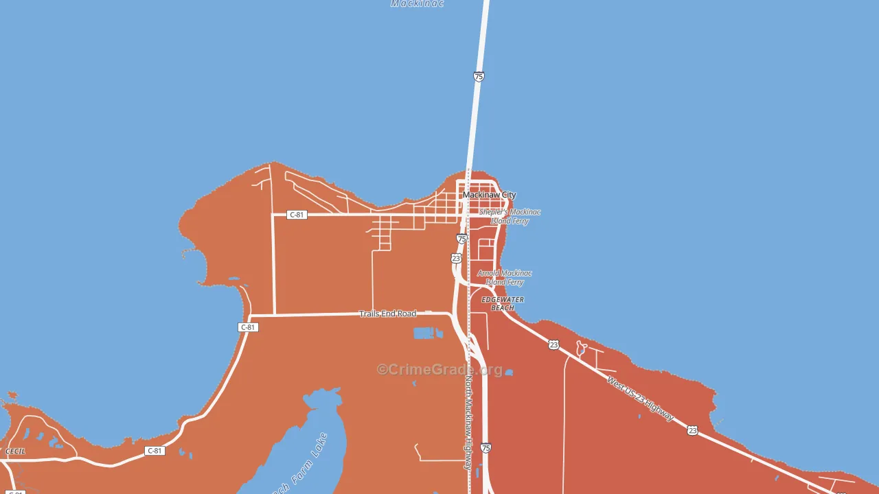 Mackinaw City, MI Map of Burglary Rates