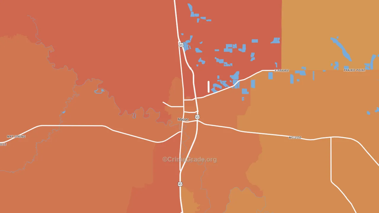 Macon, MS Map of Burglary Rates