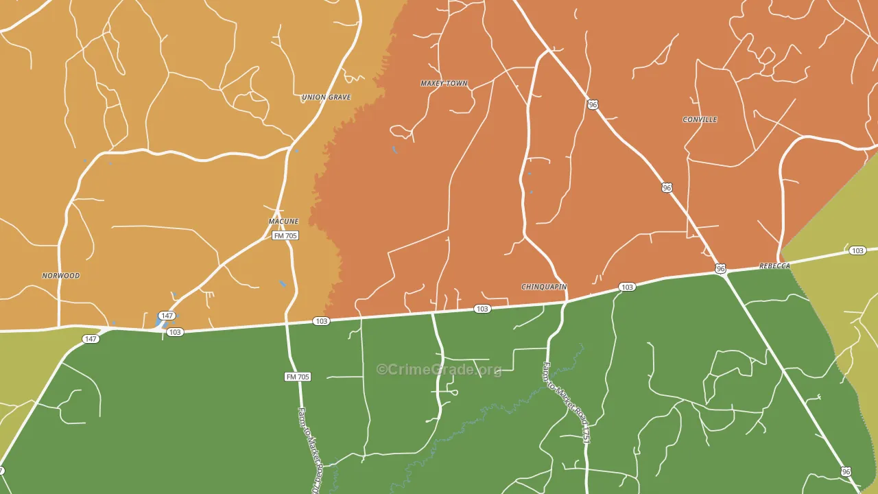 Macune, TX Map of Burglary Rates